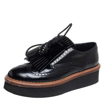 Pre Owned Tod's Black Brogue Leather Fringe And Tassel Platform Derby Size 36.5