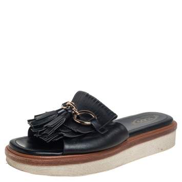 Pre Owned Tod's Black Leather Fringe And Tassel Detail Slide Sandals Size 38