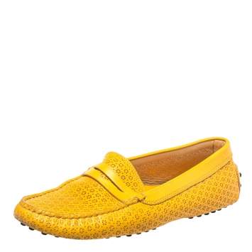 Pre Owned Tod's Yellow Lasercut Leather Gommino Driving Loafers Size 38