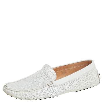Pre Owned Tod's White Lasercut Patent Leather Gommino Driving Loafers Size 38.5