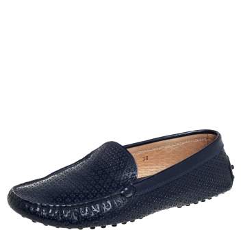 Pre Owned Tod's Navy Blue Lasercut Patent Leather Gommino Driving Loafers Size 38