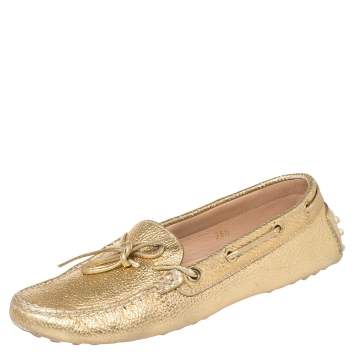 Pre Owned Tod's Metallic Gold Textured Leather Gommino Driving Loafers Size 35.5