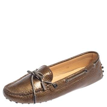 Pre Owned Tod's Metallic Bronze Patent Textured Leather Gommino Driving Loafers Size 38