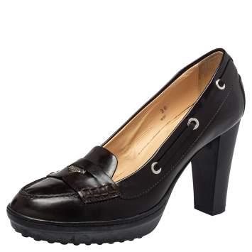 Pre Owned Tod's Brown Leather Penny Loafer Pumps Size 38