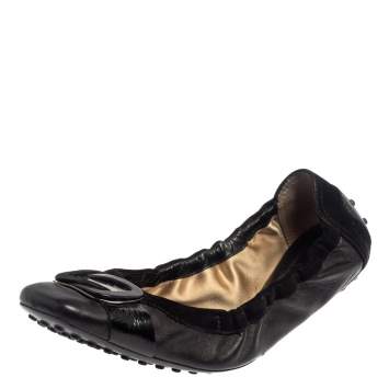 Pre Owned Tod's Black Suede And Leather Buckle Scrunch Ballet Flats Size 39