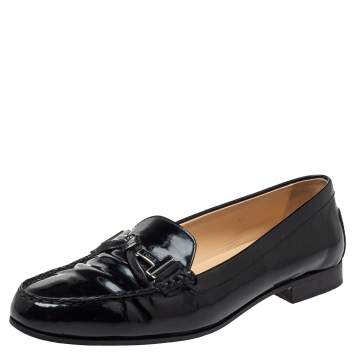 Pre Owned Tod's Black Patent Leather Double T Slip On Loafers Size 39