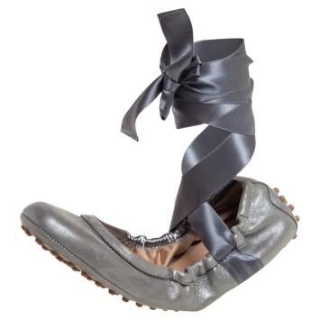 Pre Owned Tod's Metallic Grey Nubuck Leather Scrunch Ribbon Ballet Flats Size 37
