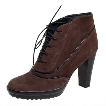 Pre Owned Tod's Brown/Black Suede Block Heel Booties Size 38.5