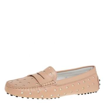 Pre Owned Tod's Beige Hole Laser Cut Leather Penny Loafers Size 39