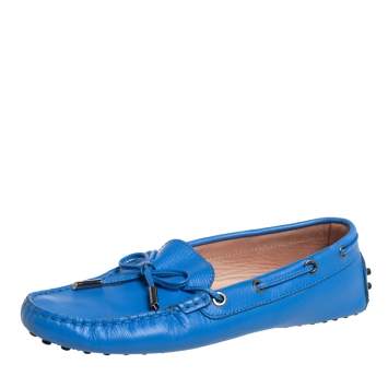 Pre Owned Tod's Blue Leather Bow Slip On Loafers Size 37