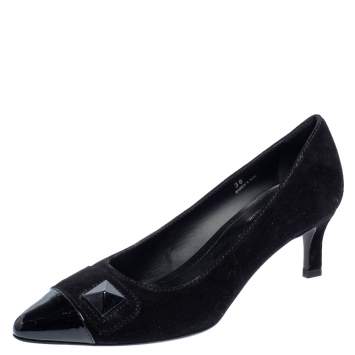 Pre Owned Tod's Black Suede And Patent Leather Embellished Cap Toe Pumps Size 38