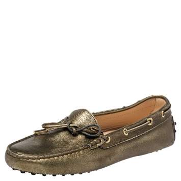 Pre Owned Tod's Metallic Bronze Leather Bow Slip On Loafers Size 40