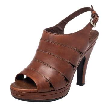 Pre Owned Tod's Brown Leather Peep Toe Slingback Sandals Size 37.5