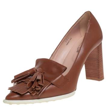 Pre Owned Tod's Brown Leather Fringe and Tassel Platform Loafer Pumps Size 36.5