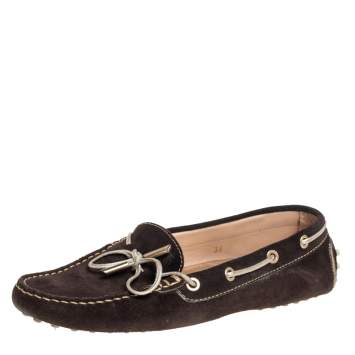 Pre Owned Tod's Brown Suede Bow Slip On Loafers Size 38