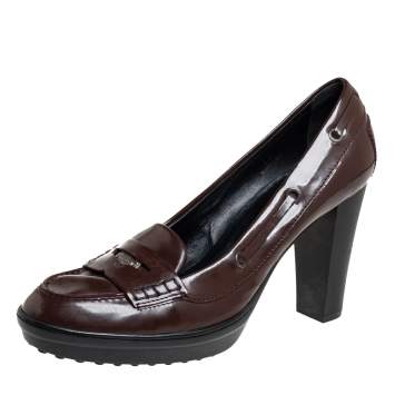 Pre Owned Tod's Brown Patent Leather Loafer Pumps Size 41