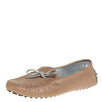 Pre Owned Tod's Beige Perforated Leather Bow Loafers Size 37