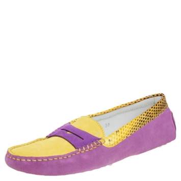 Pre Owned Tod's Purple/Yellow Suede And Python Leather Loafers Size 38