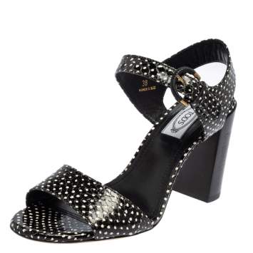 Pre Owned Tod's Black/White Python Embossed Leather Ankle Strap Sandals Size 38