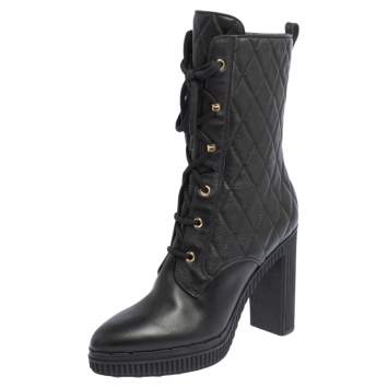Pre Owned Tod's Black Quilted Leather Mid Calf Platform Block Heel Boots Size 39.5