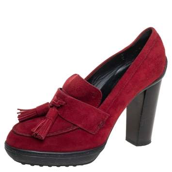 Pre Owned Tod's Red Suede Tassel Loafer Pumps Size 36.5