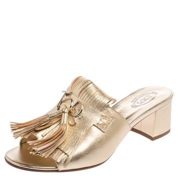 Pre Owned Tod's Gold Leather Fringe Peep Toe Mules Sandals Size 39 