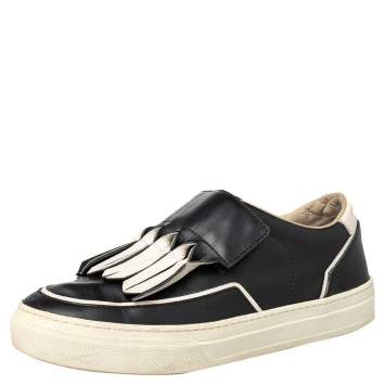 Pre Owned Tod's Black/White Leather Fringe Detail Slip On Sneakers Size 37