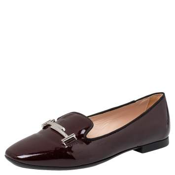 Pre Owned Tod's Burgundy Patent Leather Double T Smoking Slippers Size 38