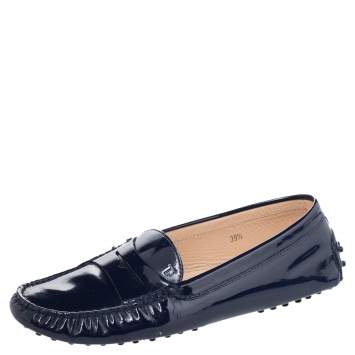 Pre Owned Tod's Blue Patent Leather Penny Slip On Loafers Size 39.5