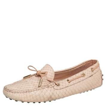 Pre Owned Tod's Peach Snakeskin Bow Loafers Size 38.5