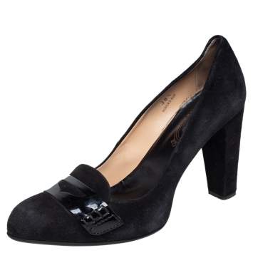 Pre Owned Tod's Black Suede And Patent Leather Penny Loafer Pumps Size 38.5