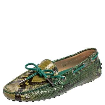 Pre Owned Tod's Green Python Leather Slip On Loafers Size 35