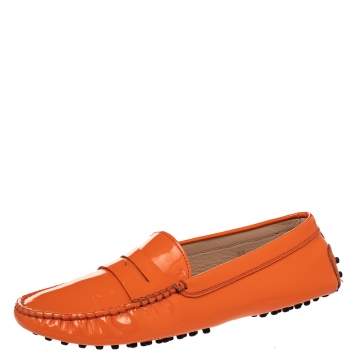 Pre Owned Tod's Orange Patent Leather Penny Slip On Loafers Size 39