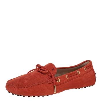 Pre Owned Tod's Orange Nubuck Leather Bow Slip On Loafers Size 40