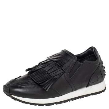 Pre Owned Tod's Black Leather Fringed Slip On Sneakers Size 37