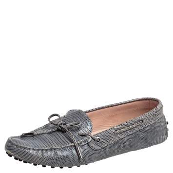 Pre Owned Tod's Blue Lizard Embossed Leather Bow Loafers Size 39.5