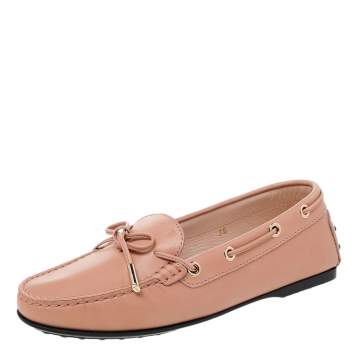 Pre Owned Tod's Beige Leather Bow Slip On Loafers Size 36