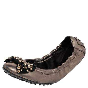 Pre Owned Tod's Grey Leather Crystal Embellished Bow Ballet Flats Size 37.5
