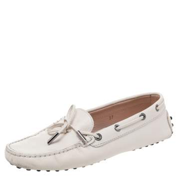 Pre Owned Tod's White Leather Gommino Driving Slip On Loafers Size 37