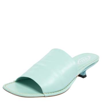 Pre Owned Tod's Light Blue Leather Kitten Heel Slide Sandals Size 39