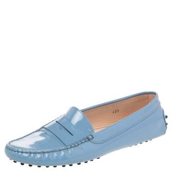 Pre Owned Tod's Light Blue Patent Leather Gommino Slip On Loafers Size 40.5