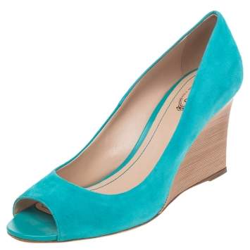 Pre Owned Tod's Turquoise Suede Peep Toe Wedge Pumps Size 40.5