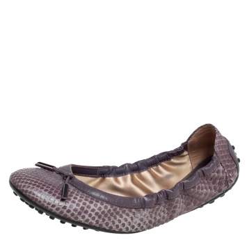 Pre Owned Tod's Mauve Snakeskin Bow Scrunch Ballet Flats Size 39