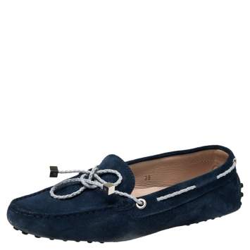 Pre Owned Tod's Navy Blue Suede Bow Slip On Loafers Size 38