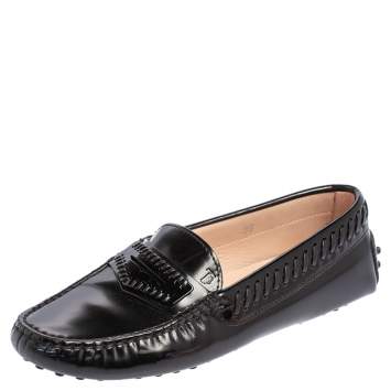 Pre Owned Tod's Black Glossy Leather Whip Stitch Detail Penny Slip On Loafers Size 36