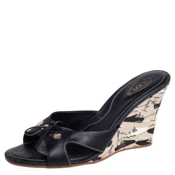 Pre Owned Tod's Black Leather Bow Wedge Slide Sandals Size 41.5