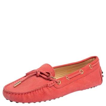 Pre Owned Tod's Pink Suede Bow Slip On Loafers Size 36.5