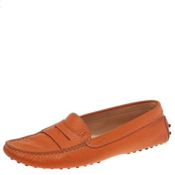 Pre Owned Tod's Orange Leather Gommino Slip On Loafers Size 39.5