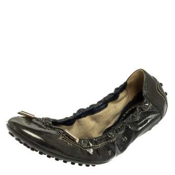 Pre Owned Tod's Dark Green Patent Leather Scrunch Ballet Flats Size 36.5