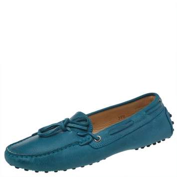 Pre Owned Tod's Blue Leather Bow Detail Slip On Loafers Size 39.5